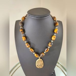SIGRID OLSEN Tiger's Eye & Brushed Gold Open Cut PENDANT NECKLACE Vintage EUC